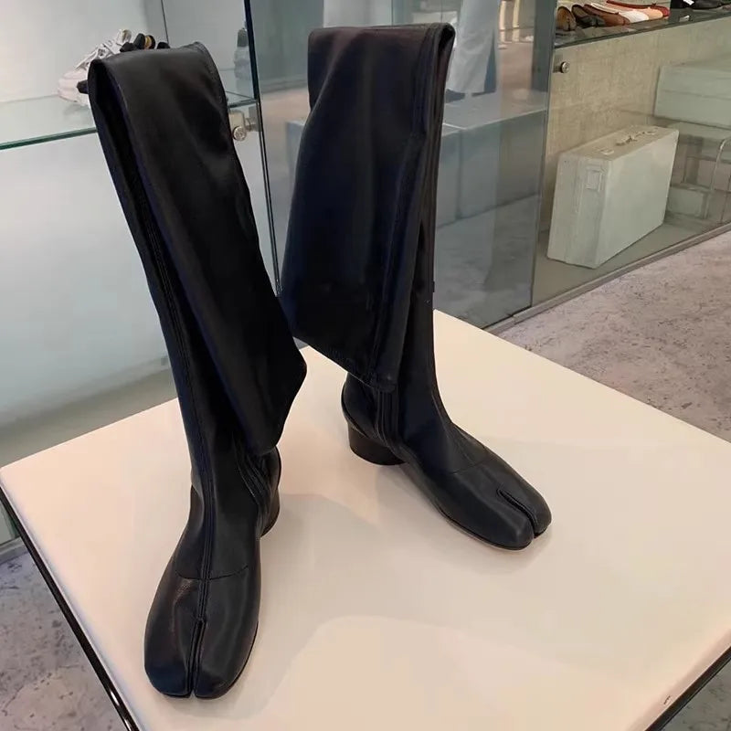 Black Thick-heeled slim tabi boots autumn and winter new split-toe boots over-the-knee boots low-heeled long knight boots