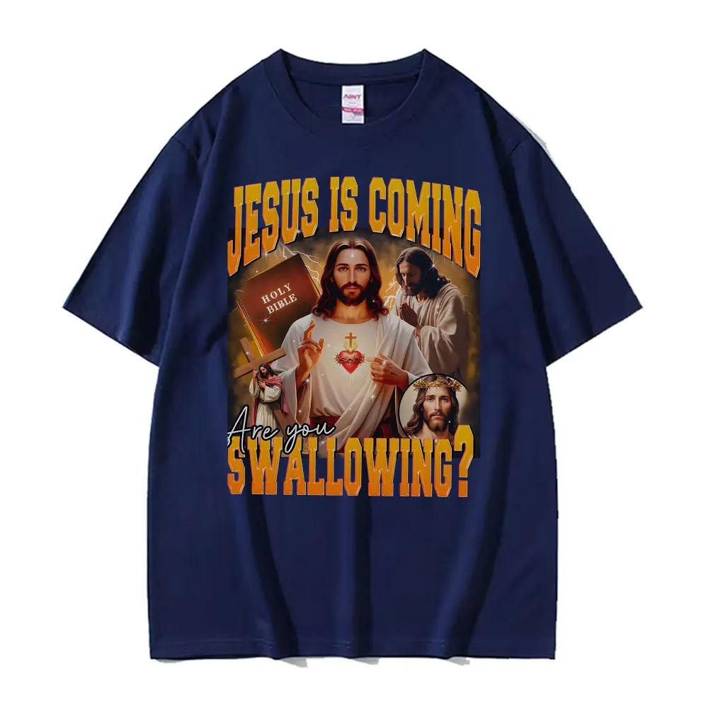 2026 New Funny Jesus Meme 100%cotton men's shirt Vintage O-Neck Short Sleeve Harajuku women's summer fashion oversized Tshirt