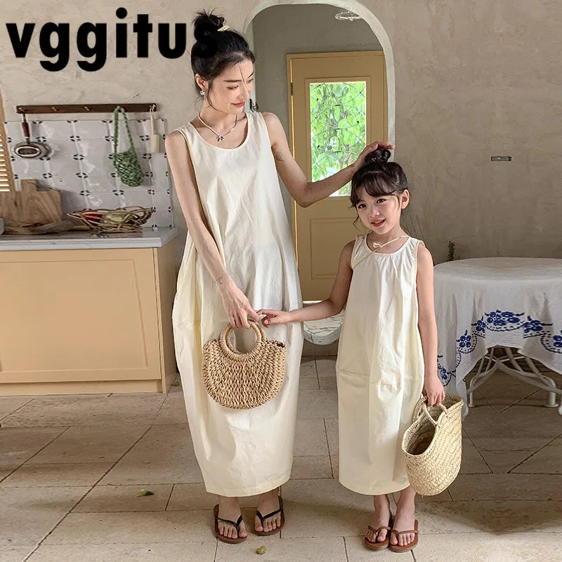Korean Style Summer Parent Child Flower Bud Dress Solid Color O-neck Sleeveless Vest Dress Mother and Daughter Clothes H23090