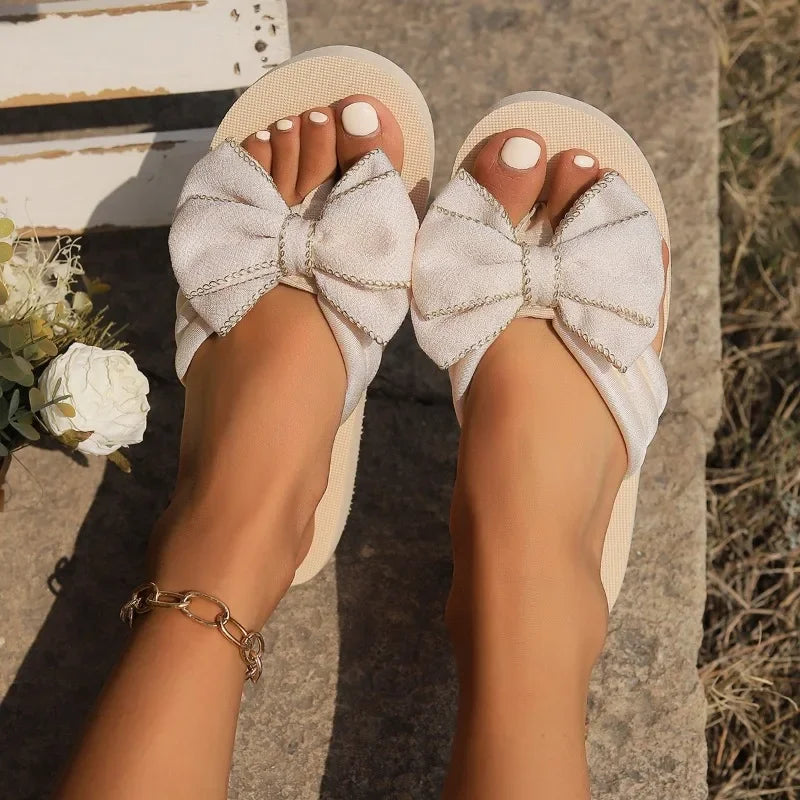Decoration Casual Flat Slippers Shoes for Women Slides New Summer Slippers Outdoor Beach Flip-flops Cute Flower Bow