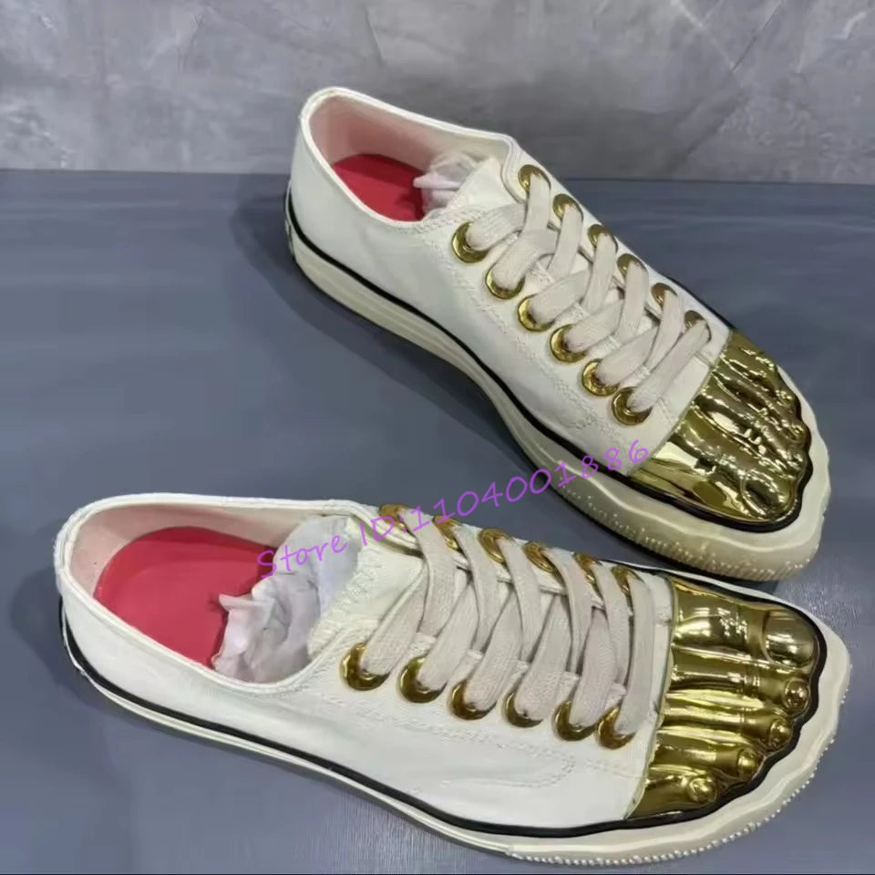 Gold Five Fingers High Top Canvas Shoes Trendy Lace-Up Flat Sneakers Metal Decor Unique Design Couple Casual Shoes Plus Size