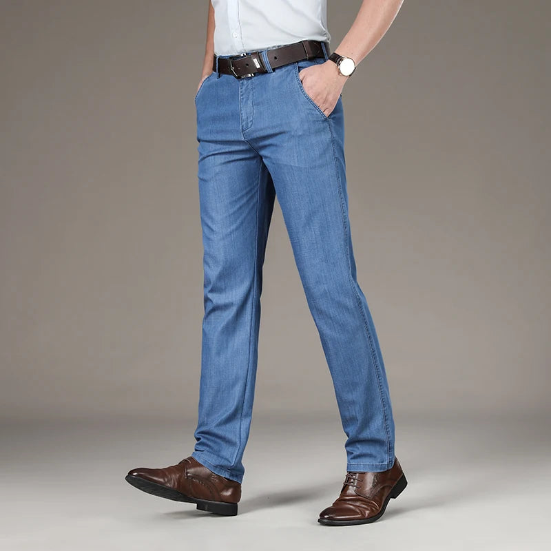 SHAN BAO spring summer brand fit straight thin modal denim jeans business casual men's high waist lightweight stretch pants
