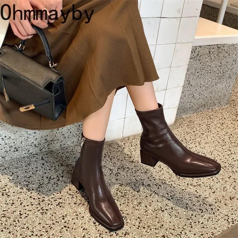 2026 Autumn Winter Design Heel Ankle Boot Fashion Square Toe Zipper Ladies Casual Chelsea Boots Shoes Soft Leather Short Boot
