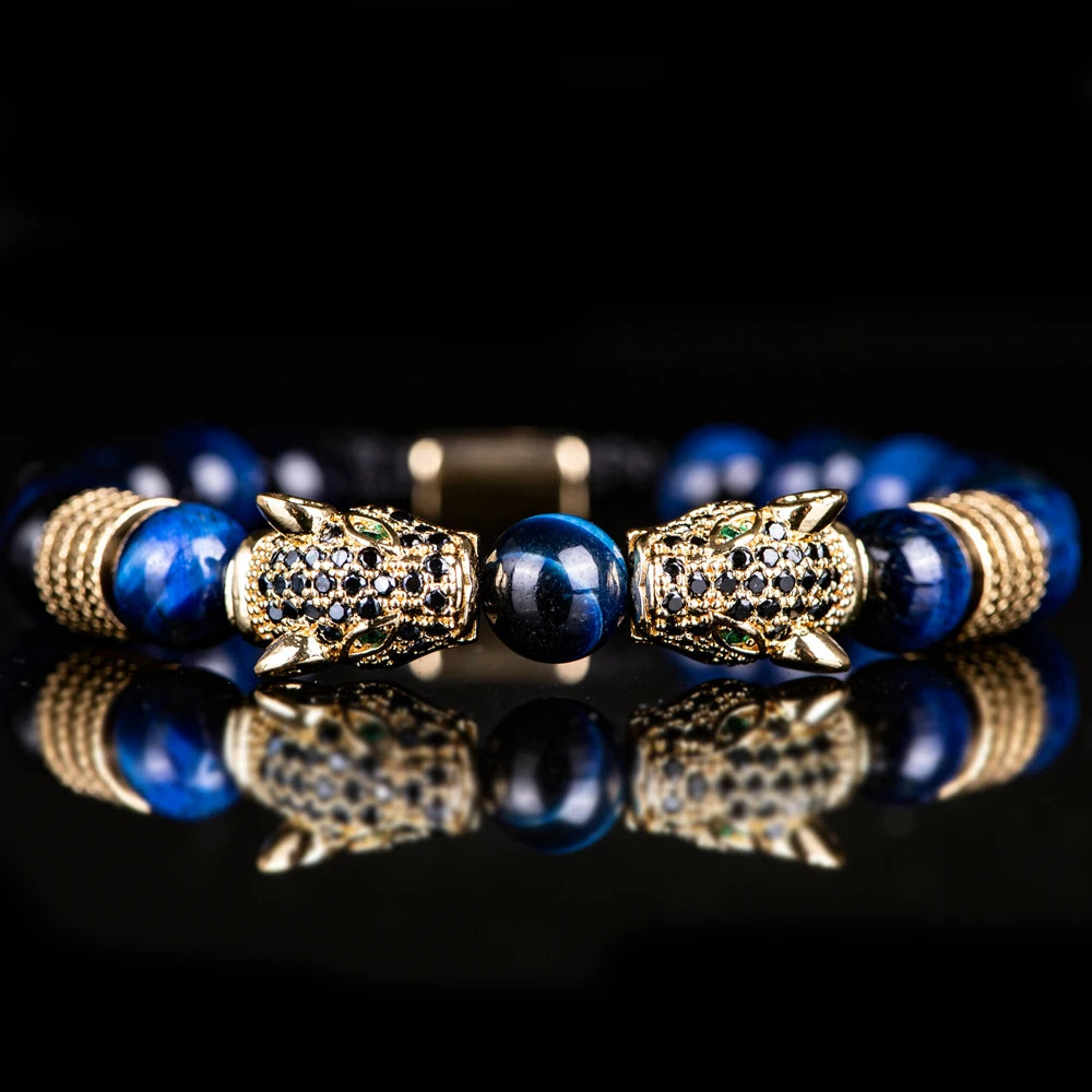 New Trend Double Leopard head Handmade tiger's-eye Bracelets  Accessories Handmade Men's Jewelry Pulseras homme