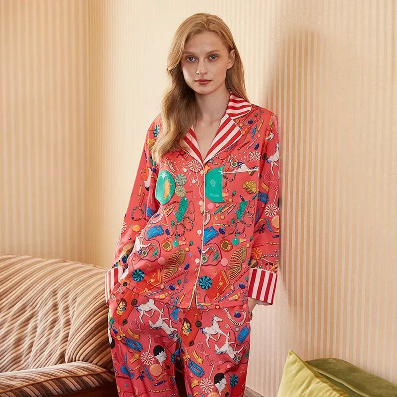Spring and Summer 2023 New Ice Silk Pajamas Women's Long-sleeved Silk Lapel Home Suit Fashionable Ins Style