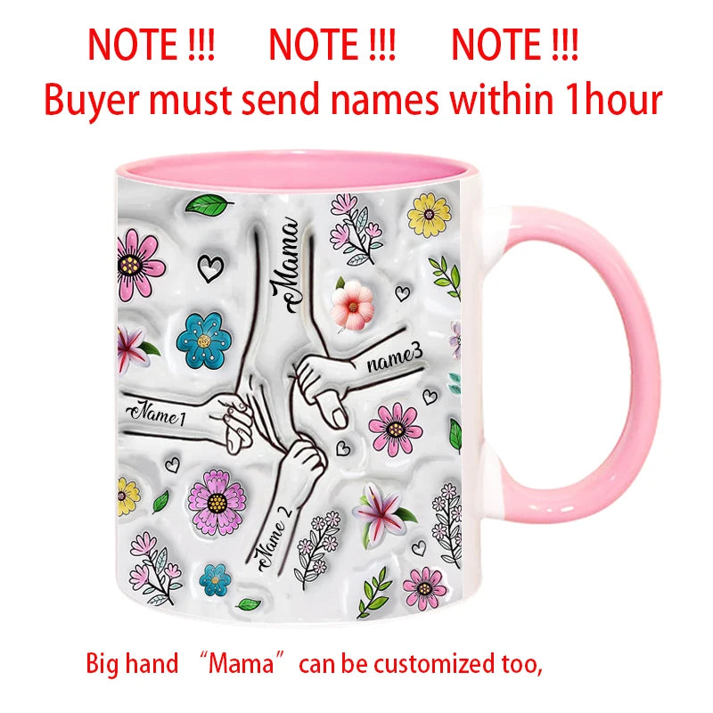 Personalized Kids Names Mug Customize 3D Effect Printing WITH Flowers Cup Holding Hands Coffee Mugs Mother's Day Gifts
