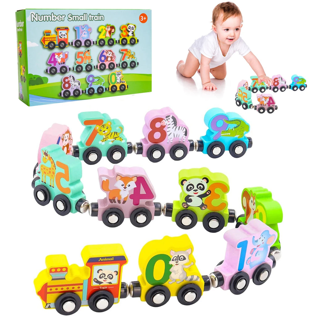 Train Set with 11 Magnetic Wooden Animals for Children, Montessori Toys for Children