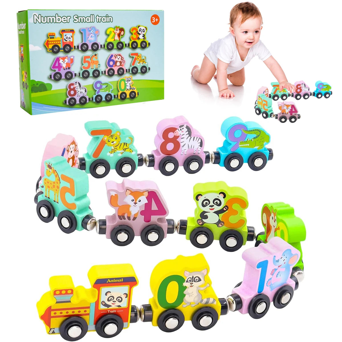 Train Set with 11 Magnetic Wooden Animals for Children, Montessori Toys for Children