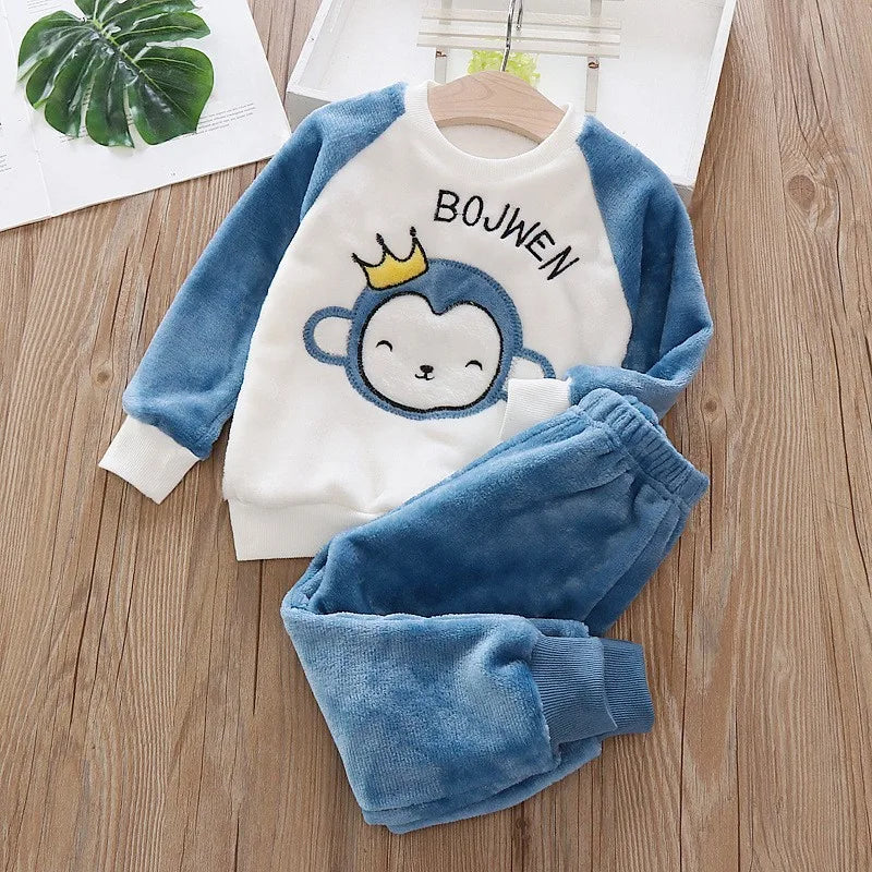 Baby Flannel Home Wear Set Infant Toddler Pajamas Boys Girls Thicken Coral Velvet Cartoon Pattern Top +Pants Two-piece Suit