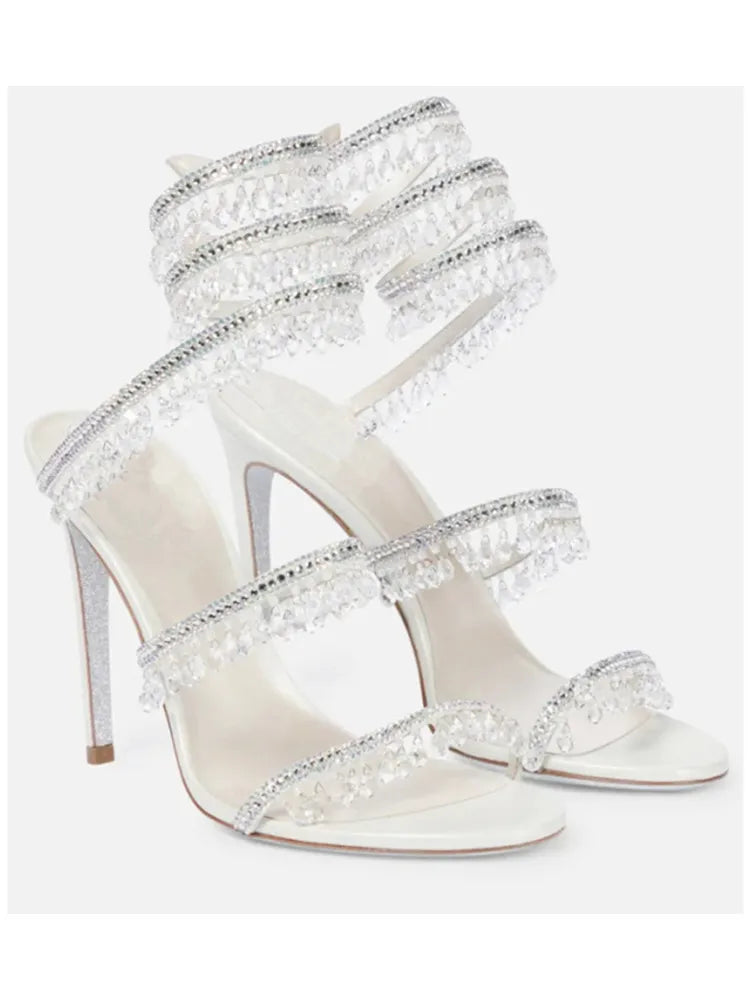 2025 Summer New Colored Diamond Women's High Heel Sandals Water Diamond Fashion Silver Sole Party Party Party High Heel Shoes