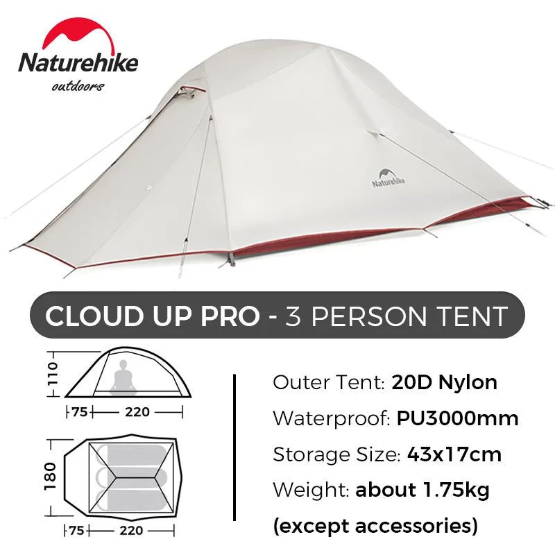 Naturehike Cloud Up 3 Person Ultralight Tent Waterproof Outdoor Hiking Cycling Backpacking Tent 20D Beach Camping Tents with Mat
