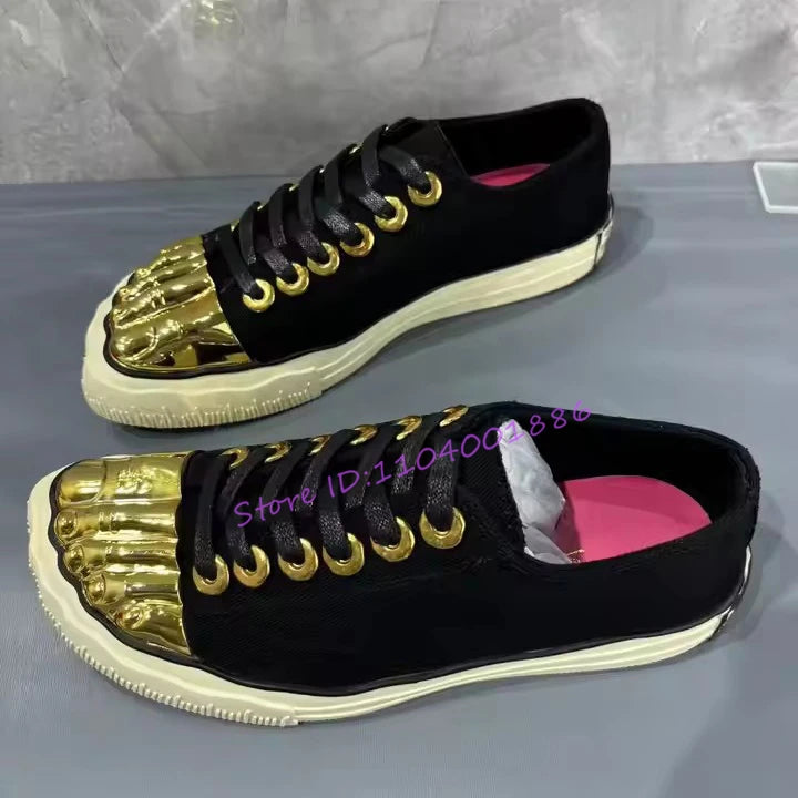 Gold Five Fingers High Top Canvas Shoes Trendy Lace-Up Flat Sneakers Metal Decor Unique Design Couple Casual Shoes Plus Size