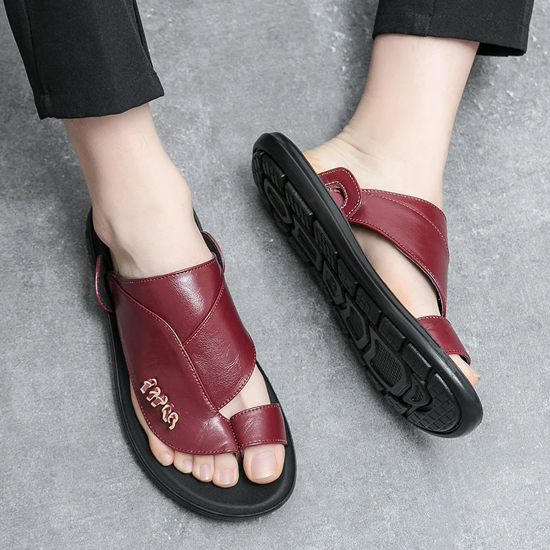 Vintage Red Men's Leather Slippers 2024 Comfortable Slip On Sandals Men Summer Leather Man Flip Flops Outdoor sandalias hombre