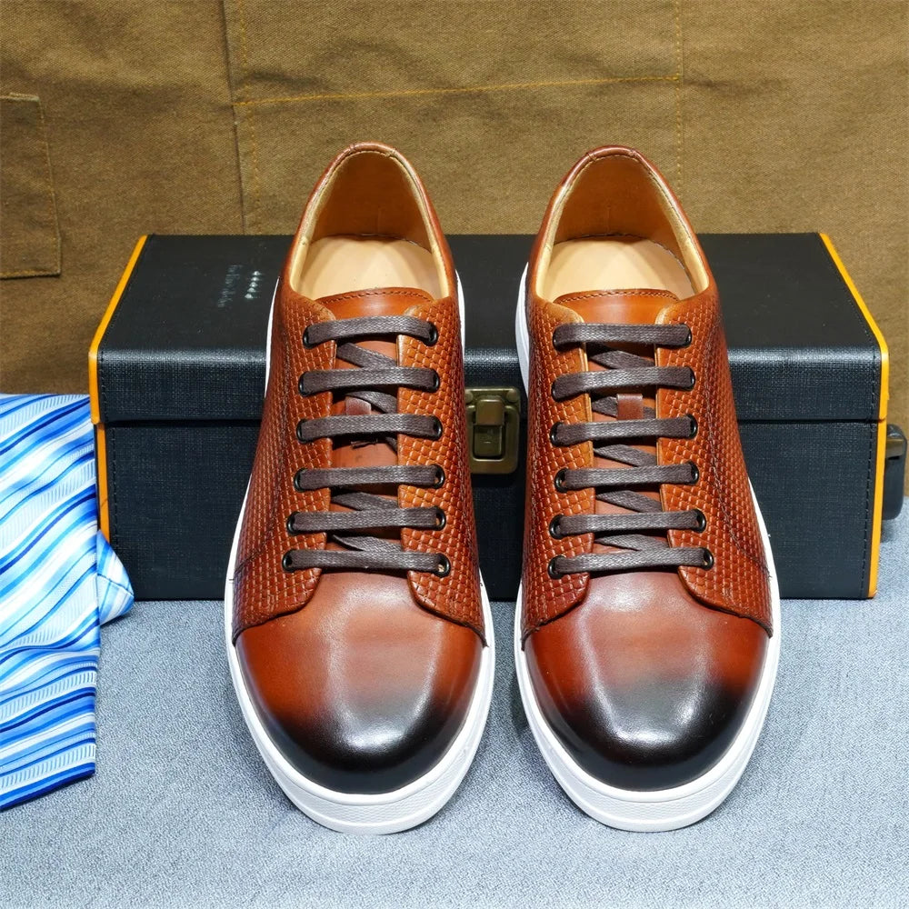 Classic Brand Designer Genuine Leather Men's Casual Sneaker Shoes Lace-Up Plaid Print Comfortable Flats Derby Shoes for Men