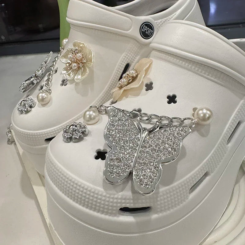 Crystal Butterfly Diy Clogs Sandals Women Summer Chian Chunky Platform Sandles Woman Comfortable Wedge Heels Garden Shoes Female