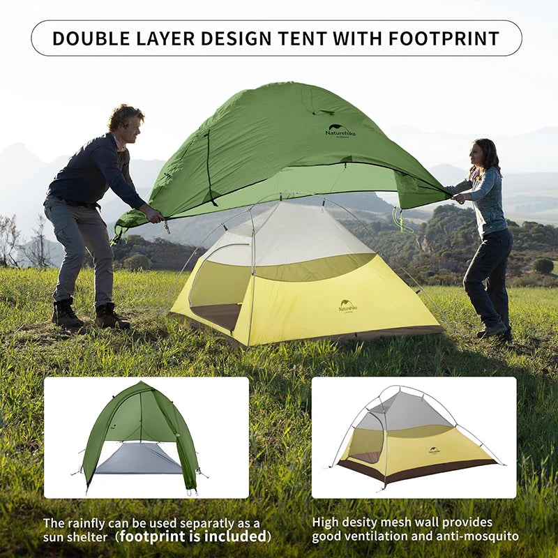 Naturehike Cloud Up 3 Person Ultralight Tent Waterproof Outdoor Hiking Cycling Backpacking Tent 20D Beach Camping Tents with Mat