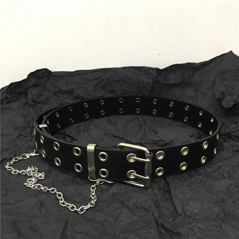 Women's Belt Trend Double Ring Belt Double Hole Eyelet Grommet Leather Buckle Punk Pin Belt Leisure Dress Jeans Gothic Waistband
