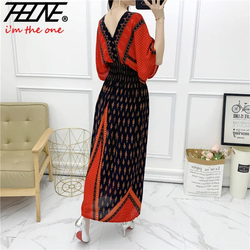 Vestidos Para Mujer Rope Robe Dress Women Casual Elegant Retro Bohemian V Neck Boho Korean Printed Summer Long Dresses Clothes