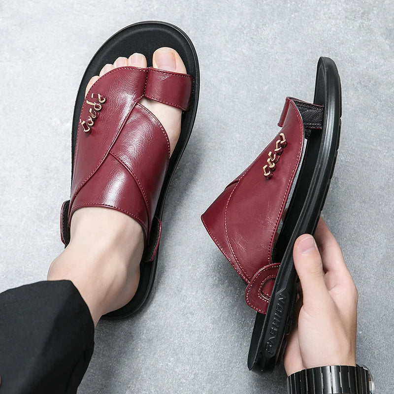 Vintage Red Men's Leather Slippers 2024 Comfortable Slip On Sandals Men Summer Leather Man Flip Flops Outdoor sandalias hombre