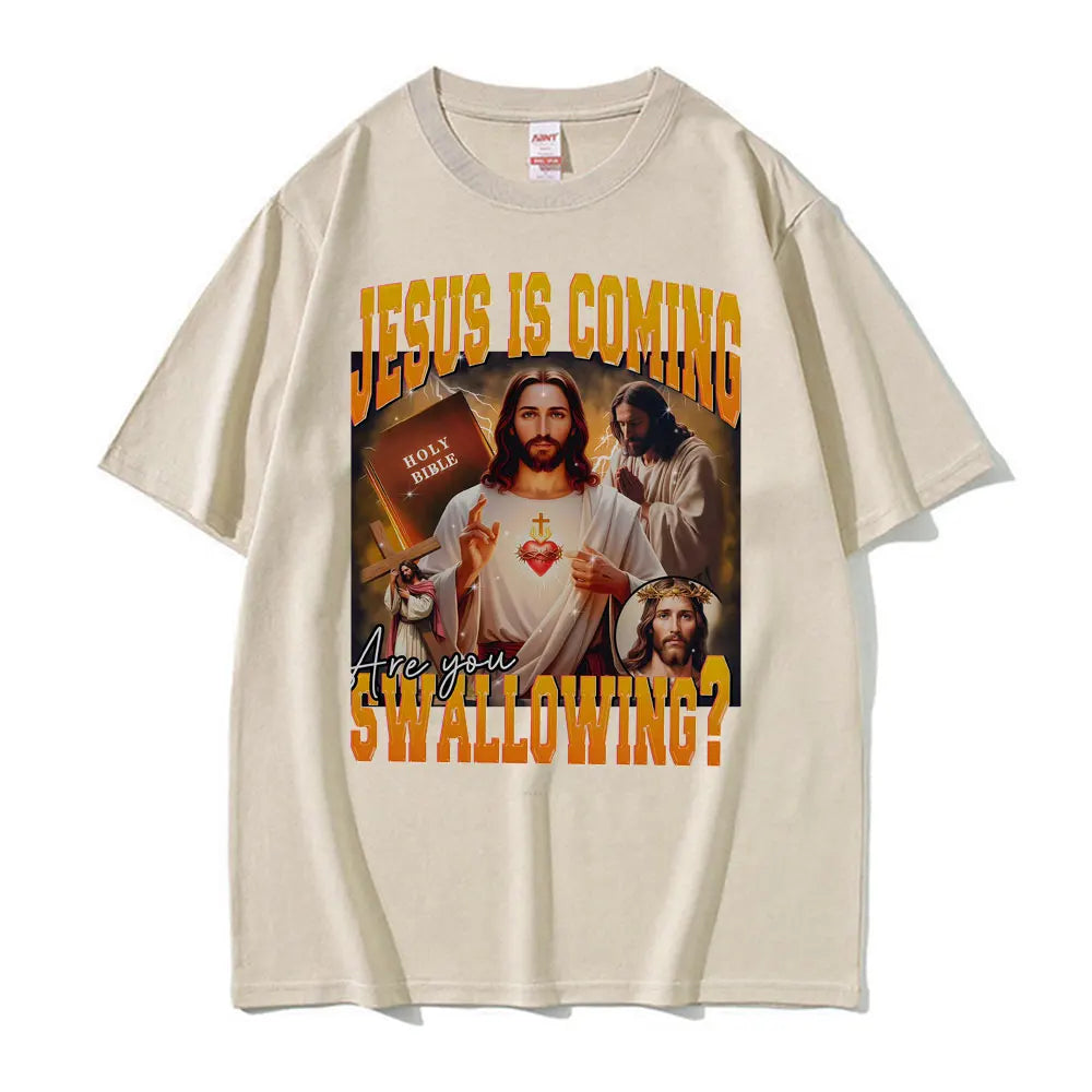 2026 New Funny Jesus Meme 100%cotton men's shirt Vintage O-Neck Short Sleeve Harajuku women's summer fashion oversized Tshirt