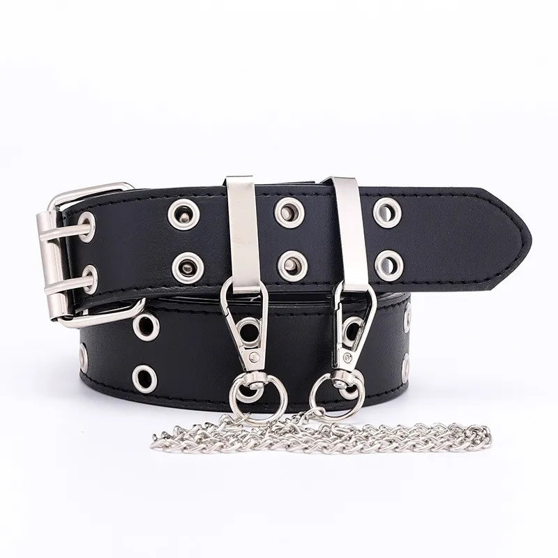 Women's Belt Trend Double Ring Belt Double Hole Eyelet Grommet Leather Buckle Punk Pin Belt Leisure Dress Jeans Gothic Waistband