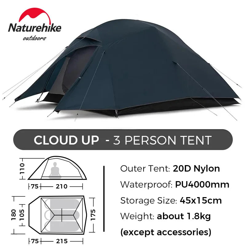 Naturehike Cloud Up 3 Person Ultralight Tent Waterproof Outdoor Hiking Cycling Backpacking Tent 20D Beach Camping Tents with Mat