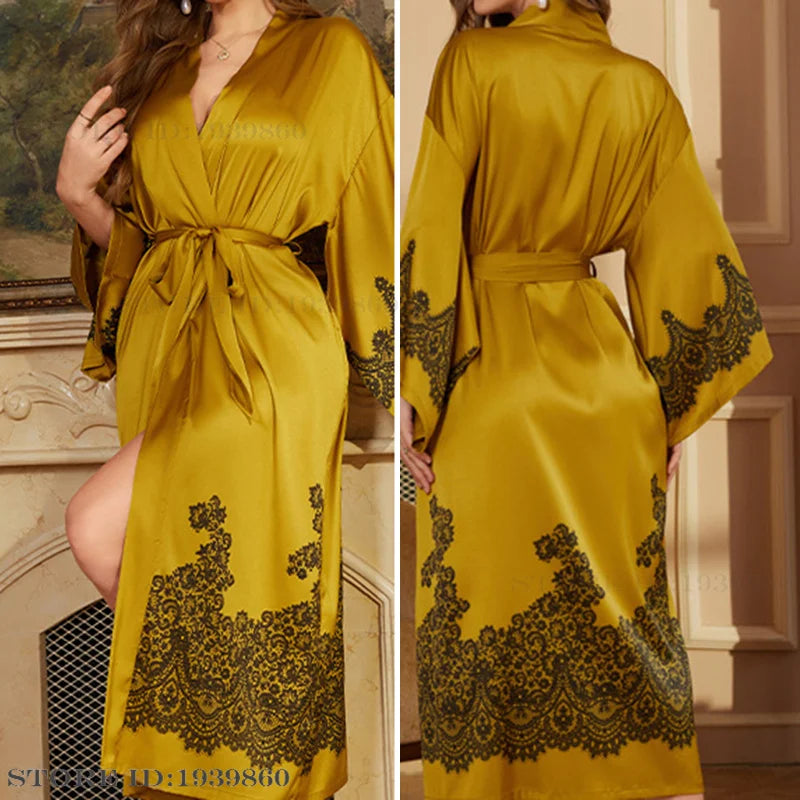 Spring Summer Female Sleepwear Long Robe Print Flower Kimono Bathrobe Gown Night Dress Casual Silk Satin Women's Home Clothing