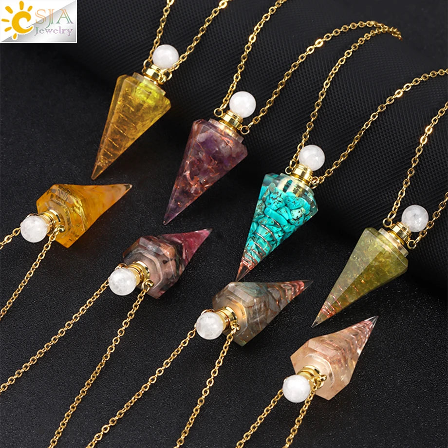 Resin Natural Stone Quartz Aromatherapy Pendant Necklace Gold Color Essential Oil Diffuser Perfume Bottle Crystal Necklaces H205