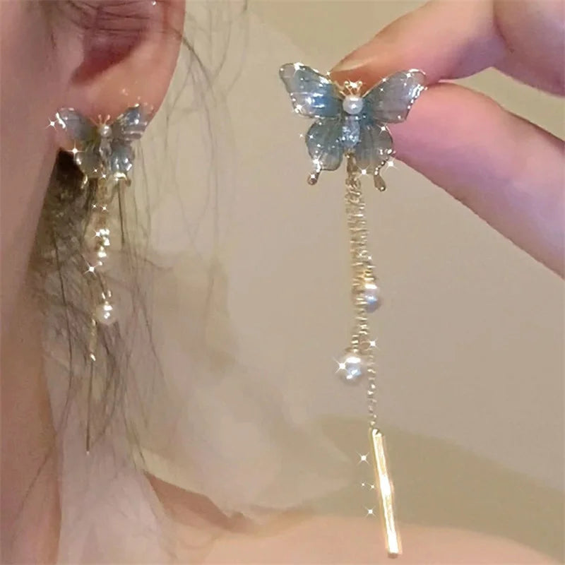 New Trendy Green Zircon Butterfly Earrings for Women Light Luxury Sweet Long Tassel Earrings Aesthetics Wedding Party Jewelry