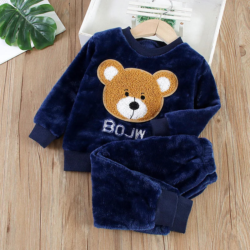 Baby Flannel Home Wear Set Infant Toddler Pajamas Boys Girls Thicken Coral Velvet Cartoon Pattern Top +Pants Two-piece Suit
