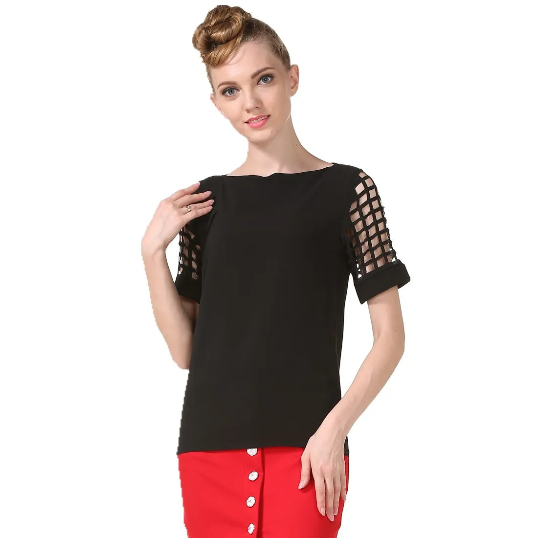 Summer Blouse Sexy Women Ladies Hollow Sleeve Slash Neck Loose Solid Shirts Casual Tops