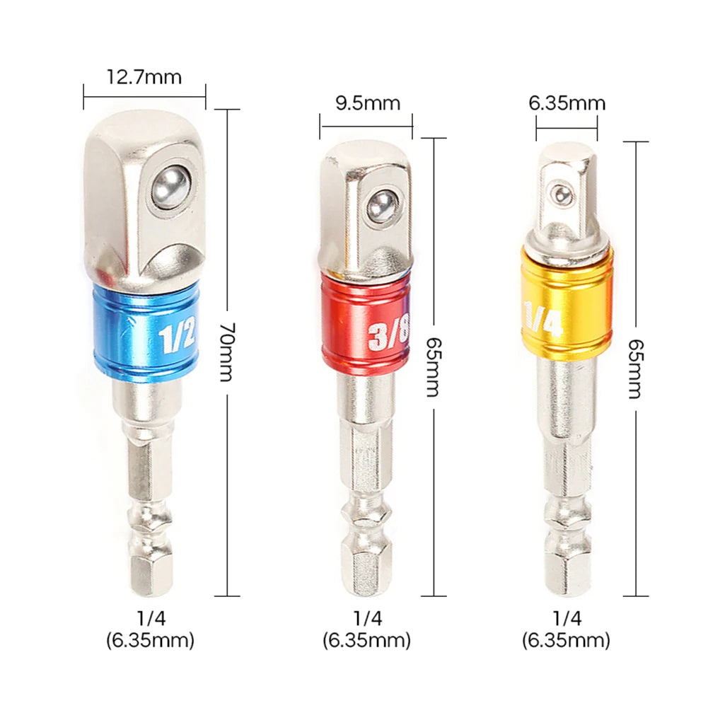 Hex Shank Drill Socket Adapter Set For Impact Driver - Square Socket Drill Bits Bar Extension, 1/4", 3/8", 1/2 Inch
