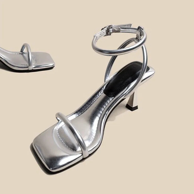Fashion Black Ankle-Strap Buckle Sandal Summer Square Toe Ladies Stiletto High Heel Shoes Sexy Solid Thin Band Sandalias