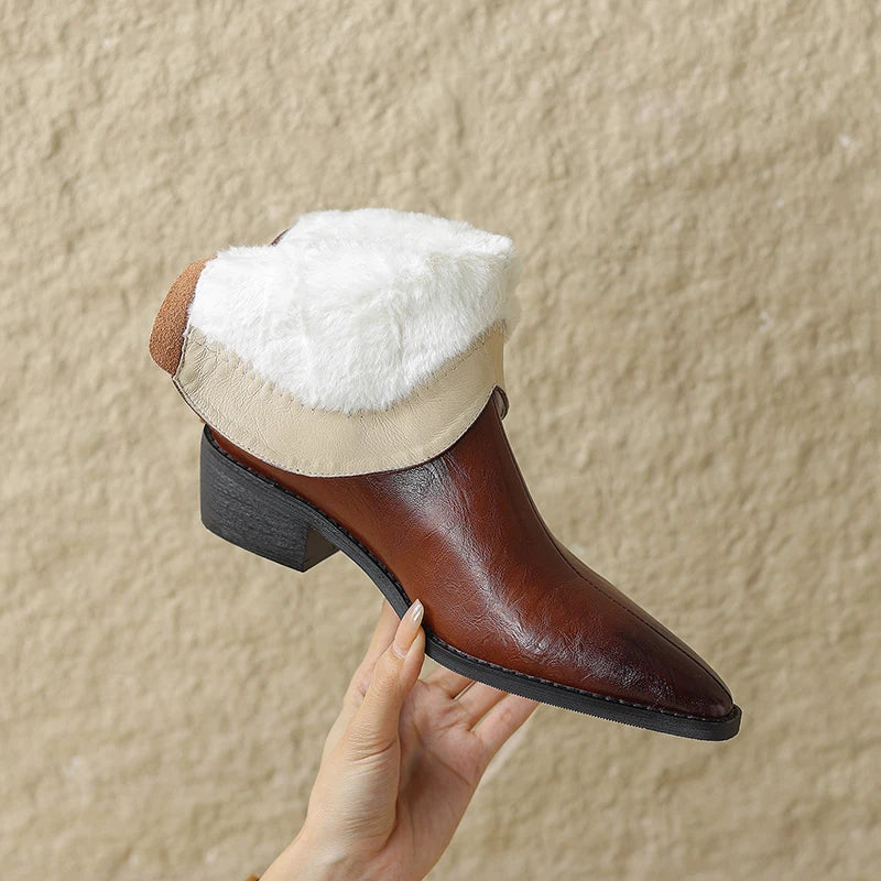 2026 Autumn/winter Women Boots Genuine Leather Western Boots Women Shoes Pointed Toe Chunky Heel Chelsea Boots Retro Ankle Boots